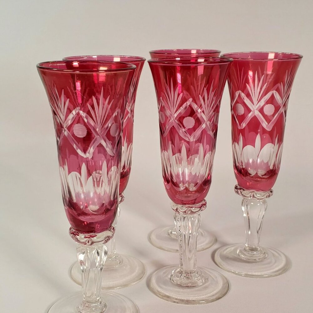 Cranberry Pink Fluted Crystal Sherry Glasses (set of 5)